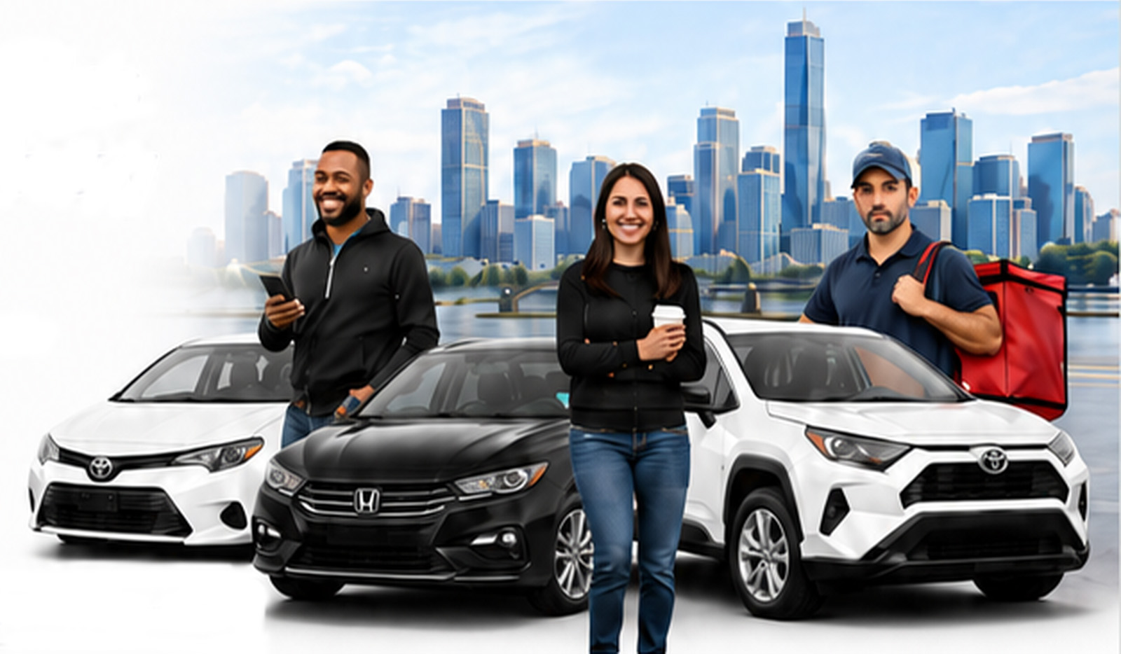 Rideshare and delivery drivers standing in front of Insight Fleet Rentals vehicles with a city skyline behind them